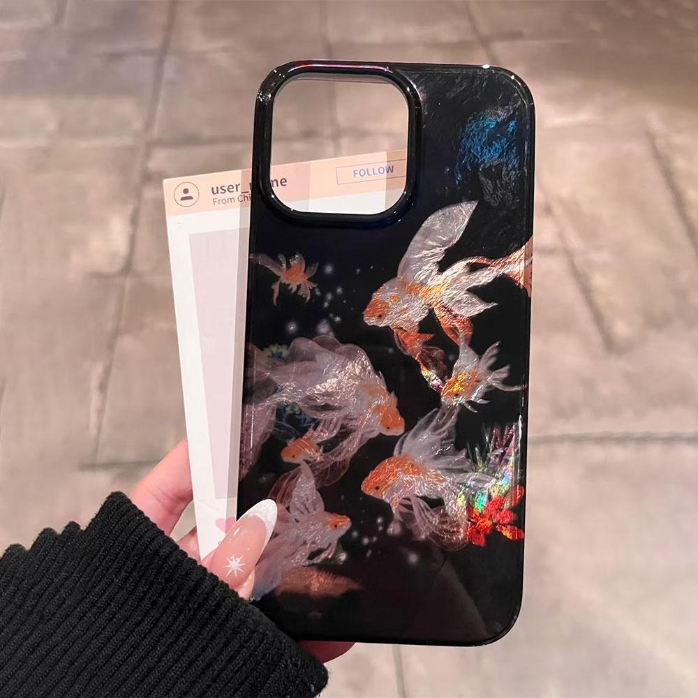 

Koi Goldfish Sparkle Black Glossy Women Girls Phone Case for iphone 16 15 14 7 8 Plus 13 11 12 Pro Max X XS XR SE 2022 16e Cover iPhone 16