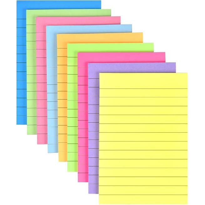 9 Pack Lined Sticky Notes 4"x6" Bright Colors Self-Stick Note Pads with Lines, 9 Colors Bulk Sticky Memo Pad for School, Office, Meeting