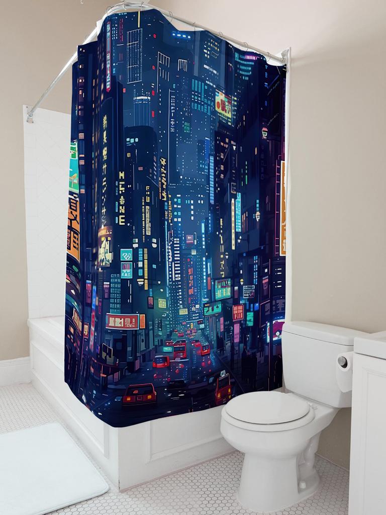 Tenda da Doccia Cyberpunk Cityscape Vita Notturna Urbana Decorazioni Bagno Insegne al Neon Architettura Futuristica Atmosfera Sci-Fi Eleva lo Spazio