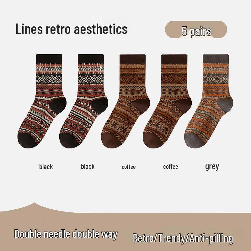 Herrensocken im Ethno-Stil, mittelhoch, doppelt gestrickt - Antibakteriell, Retro für Herbst/Winter