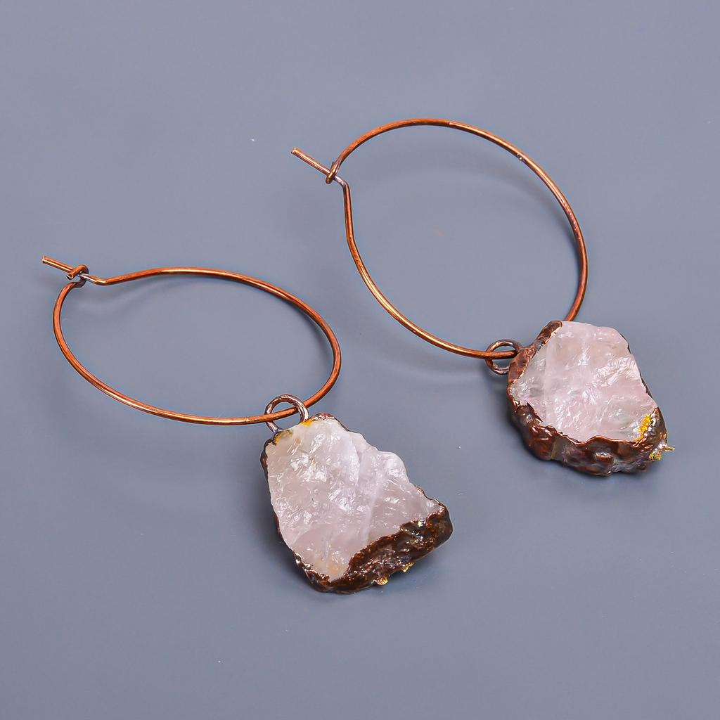 Rose Quartz Rough Stone Friendship Day Hoop Huggie Sisters Gift Earrings Copper V-9