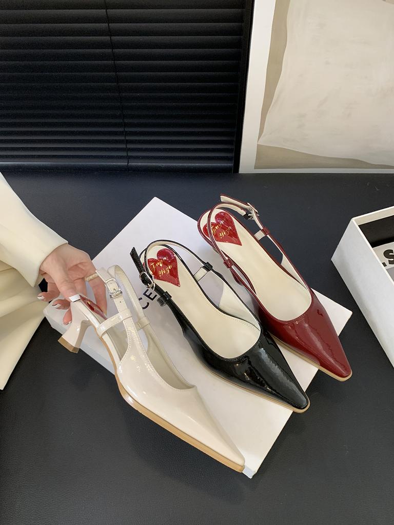 fashion Sexy Women Sandals Round Toe Summer Dress Shoes Thin Mid Heels Black Beige Red Back Strap New Arrivals 2024 Party Pumps Wedding