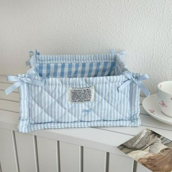 Korean Pink Plaid Quilted Storage Basket - Aesthetic Living Room & Bedside Organizer