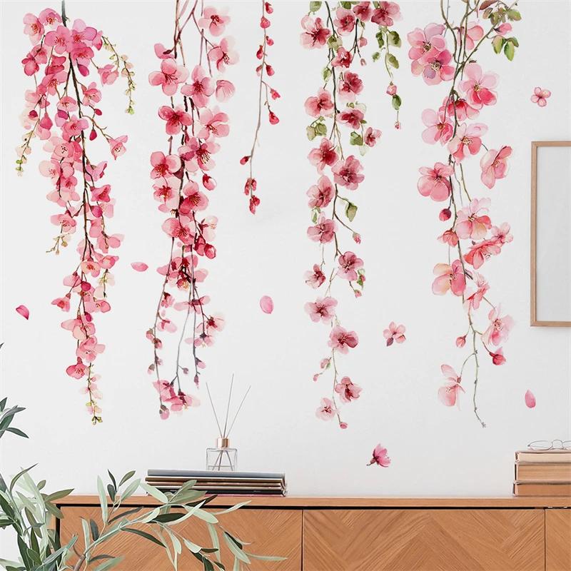 Beautiful Vine Pink Flower Wall Stickers for Living Room Bedroom Wall Decor Girl Room Decoration Children's Wall Decal Wallpaper