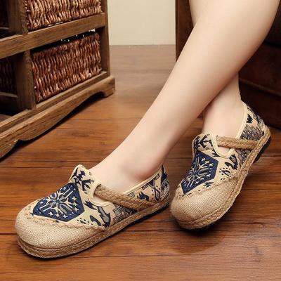 Mocassini con punta tonda in cotone e lino, scarpe basse da donna, in tessuto ricamato in stile etnico