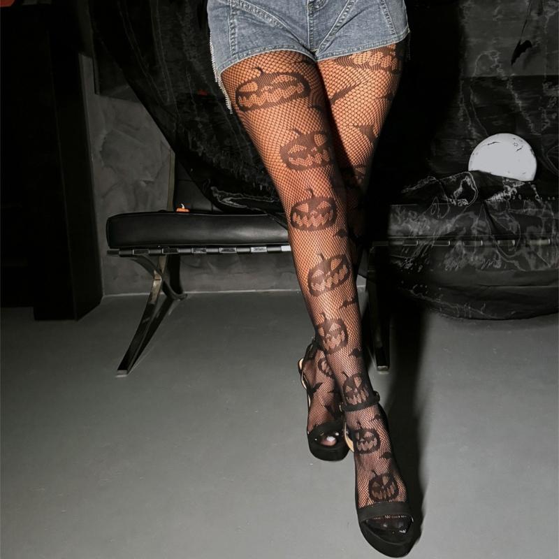 Elastic Nylon Fishnet Tights with Fun Pumpkin Bat Pattern for Women Halloween Cosplay Party Mesh Pantyhose Stockings