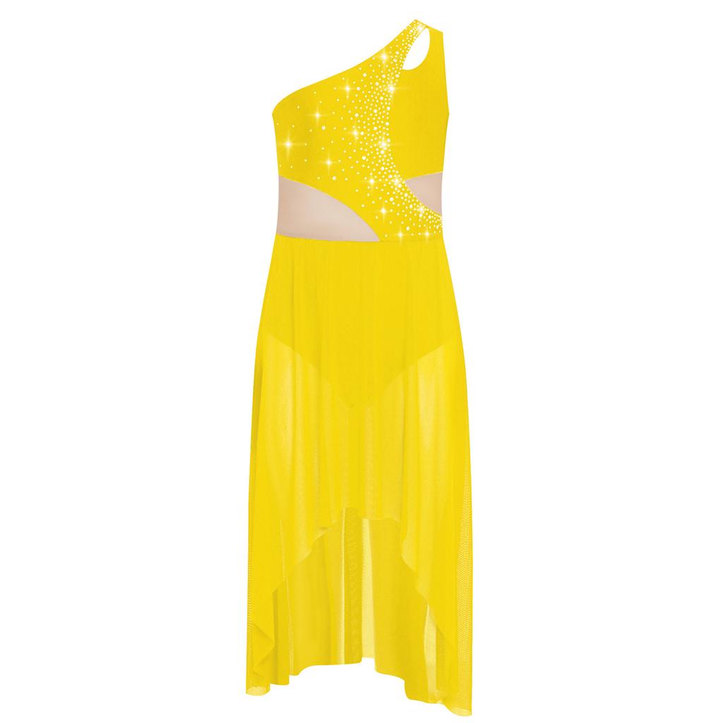 Mädchen Lyrical Tanzkostüm Glänzende Strasssteine Ein Schulter Ärmellos Cutout High Low Fließendes Netzkleid Tanzkleidung