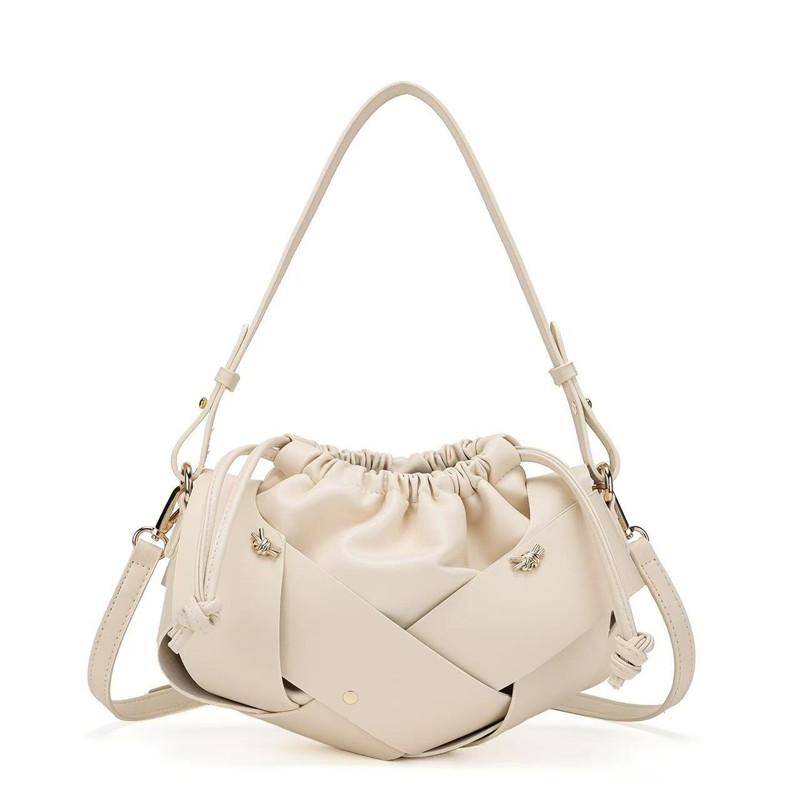 2026 Hollow Out Woven Design Women s Drawstring Handbag Elegant Fashion Commuter Tote Bag High End Party Shoulder Crossbody Bag бежевый