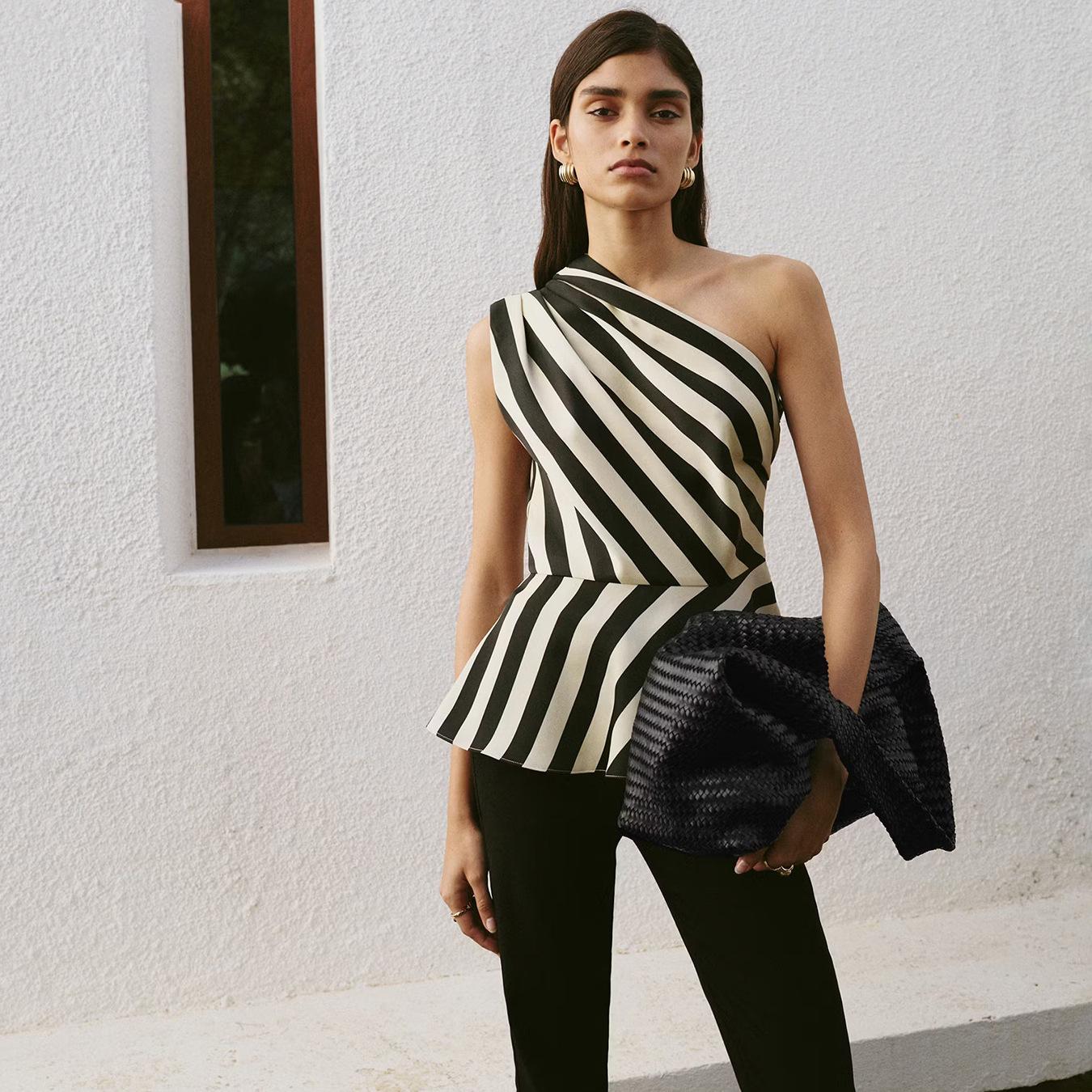 French haute couture oblique striped shoulder top women s waist ruffle design slim commuter temperament sleeveless top XS