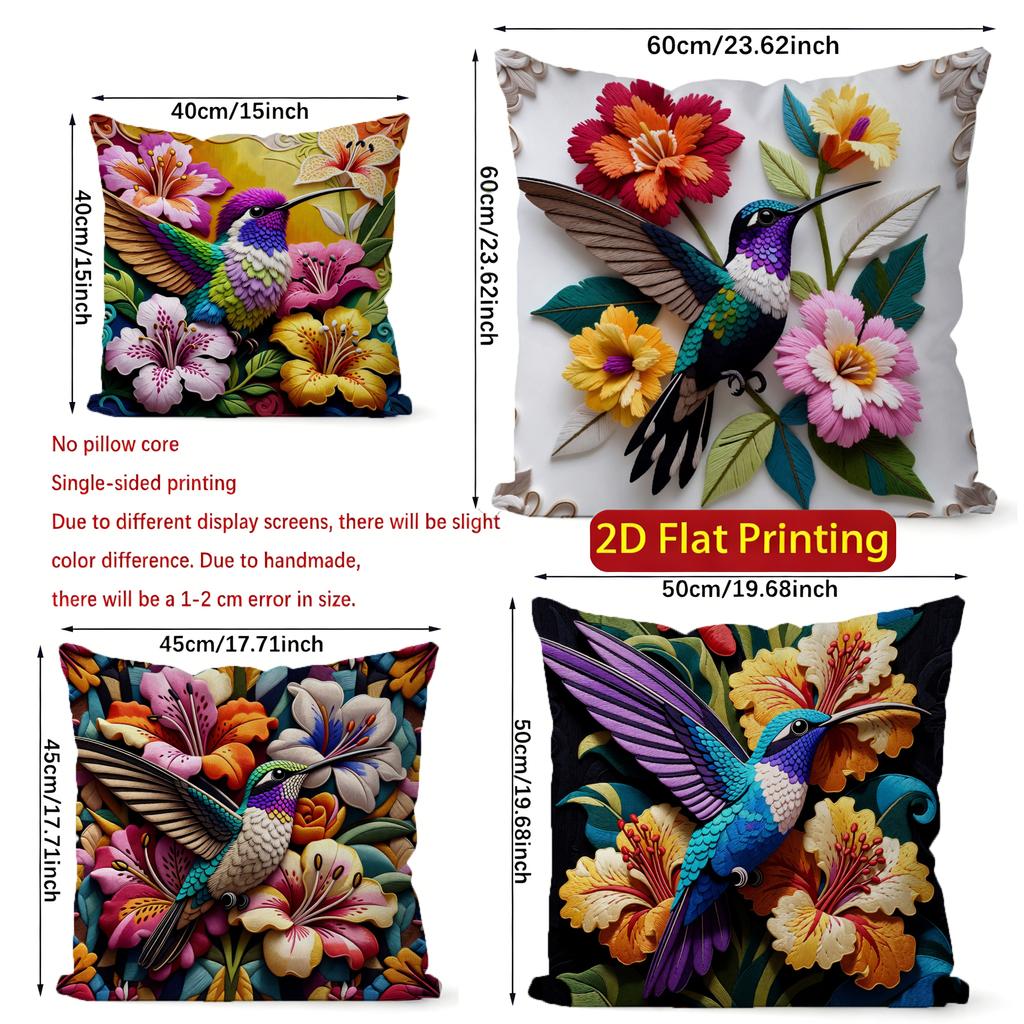 2D Vibrant Hummingbird Floral Throw Pillow Covers** Pattern Cushion Cover Suitable For Sofa Bedroom Car Pillow Cover