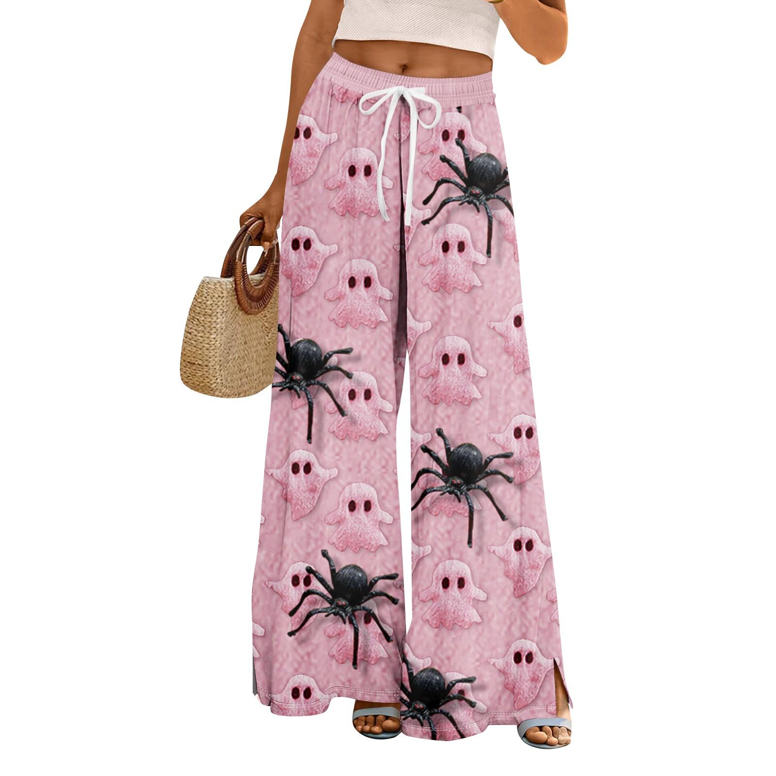 

Женские летние брюки палаццо в стиле бохо с высокой талией и широкими штанинами, с принтом на Хэллоуин, повседневные брюки с карманами XL розовый