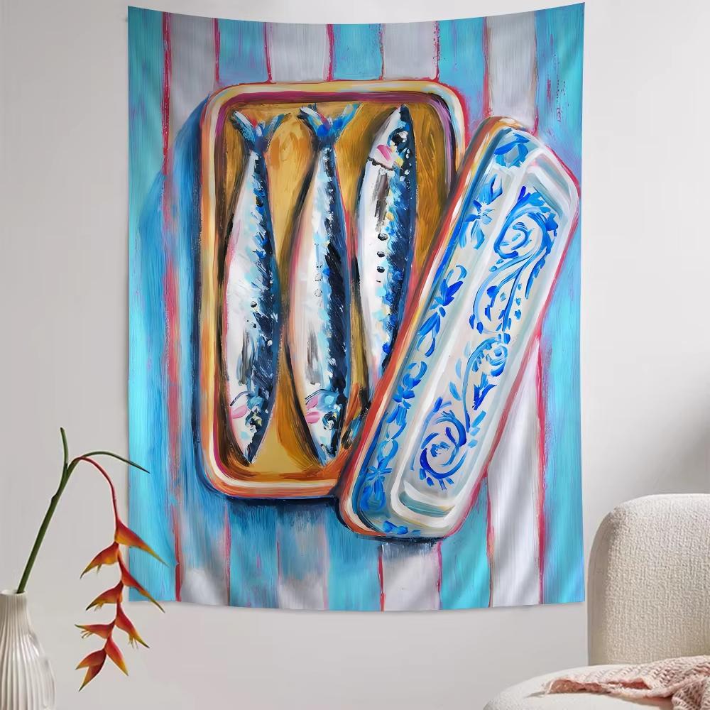 Bunte Sardine Hummer Fisch Wandteppich Böhmischer Meeres Wandbehang für Wohnzimmer Zuhause Studentenwohnheim Japanischer Stil Dekor