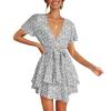 Abito da donna con volant in vita ampia stampato a maniche corte con scollo a V, casual alla moda