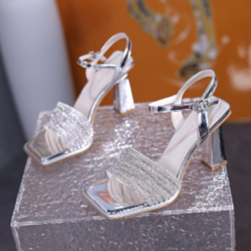 Fashion Slip Strap Square Heel Sandals Summer New Square Toe Open Toe Rhinestone Slender Strap Anti-slip Wear-resistant High Heels