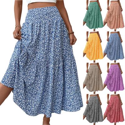 Women's Fashion  Pleated Floral Print Elastic Waist  Loose Splicing A Line Skirt