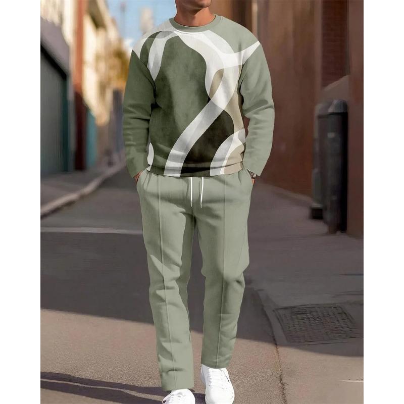 Men's Casual 2-Piece Set Comfortable Long-Sleeved Printing Round Neck Man T-Shirt and Drawstring Sport Two-Piece Sets