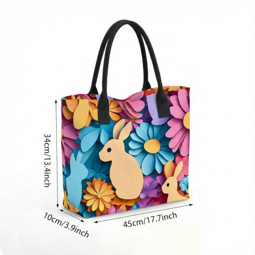 Floral Bunny Printed Tote Bag Large Capacity Casual Shoulder Handbag for Daily Use