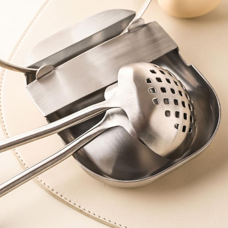 Kitchen Tool Stand with Sauce-Catching Tray, Vertical Support for Cooking Implements, Brushed 304 Steel Body, and Nonslip Base for Counter Use