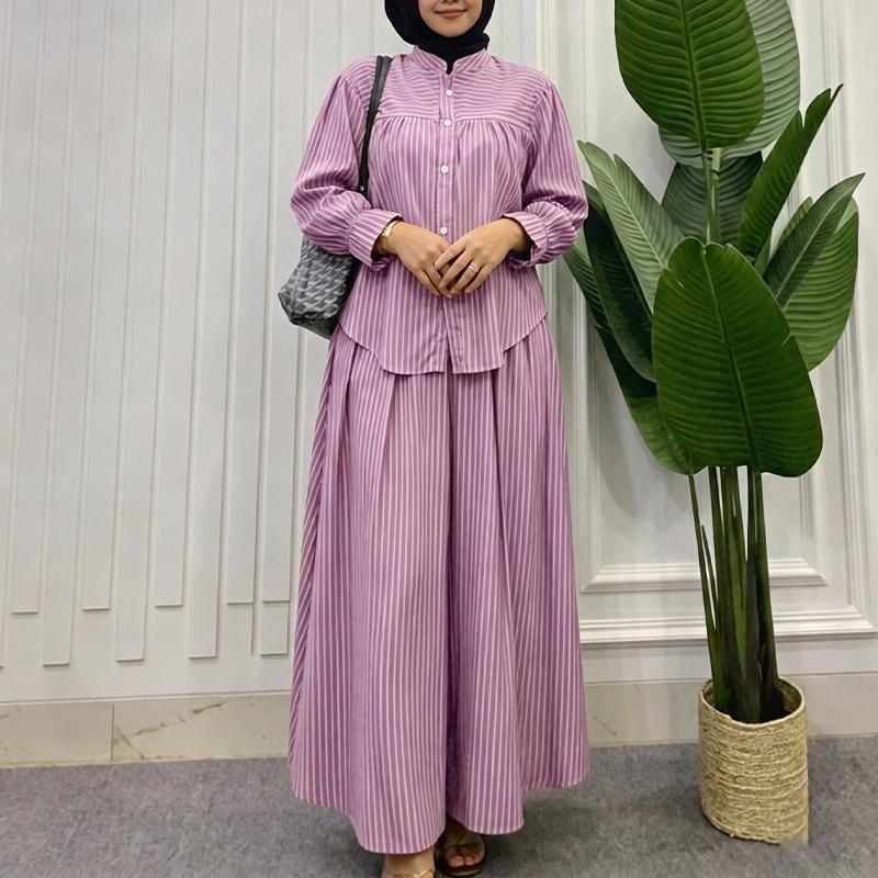 

ZANZEA Women Long Sleeve Blouse and Long Skirts Stripe Print Two Piece Suit Sets 3XL кларет