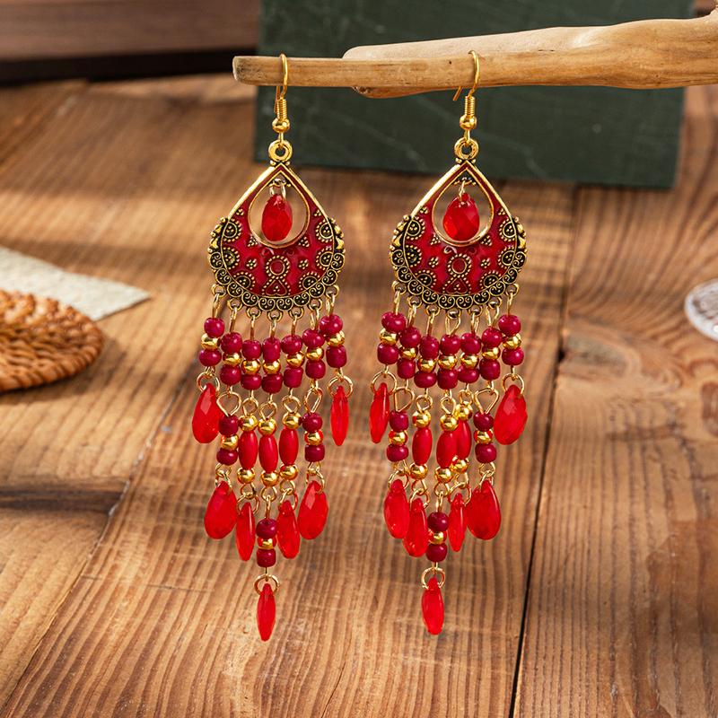 Bohemian Ethnic Style Earrings for Women Long Vintage Drop Glaze Rice Bead Water Drop Earrings Vacation Party Wedding Jewelry