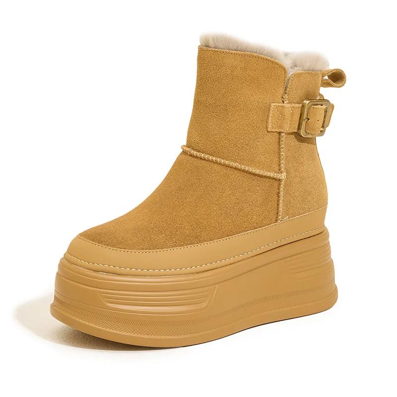 

Модные зимние ботинки на скрытой платформе для женщин 2025 года, новые, на толстой подошве, маленькие короткие ботинки, холодостойкие, кожаные, с вельветовой подкладкой, теплые женские ботинки 34 верблюд