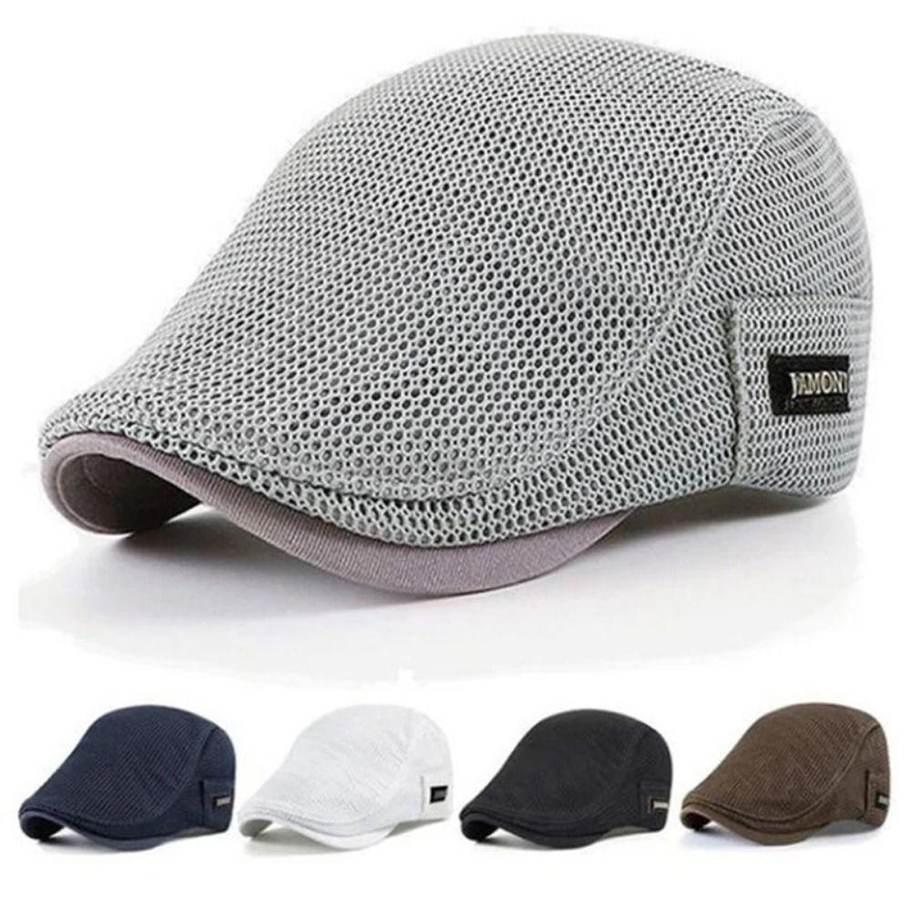 Korean Style Men Beret Hat British Style Forward Peaked Cap Adjustable Mesh Flat Cap  Summer