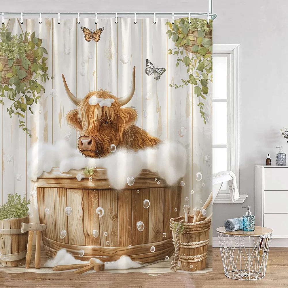 Lustige Badetiere Duschvorhänge Hochlandrinder Kuh Badewanne Druck Badezimmerdekorationen Cartoon Polyester Badvorhang