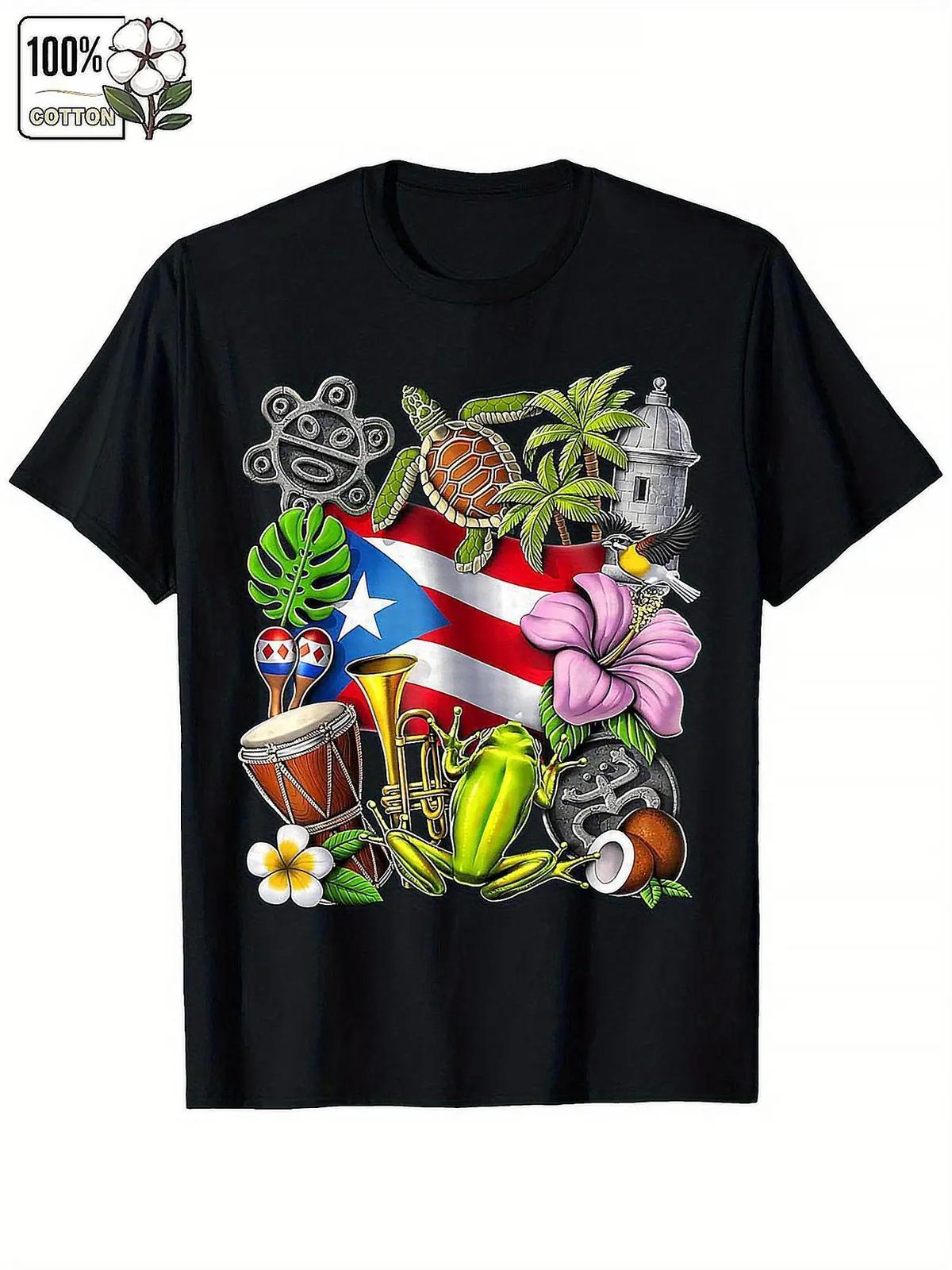 Puerto Rico Boricua Coqui Frog Taino Sun Puerto Rican Flag 100% Cotton T-Shirt L