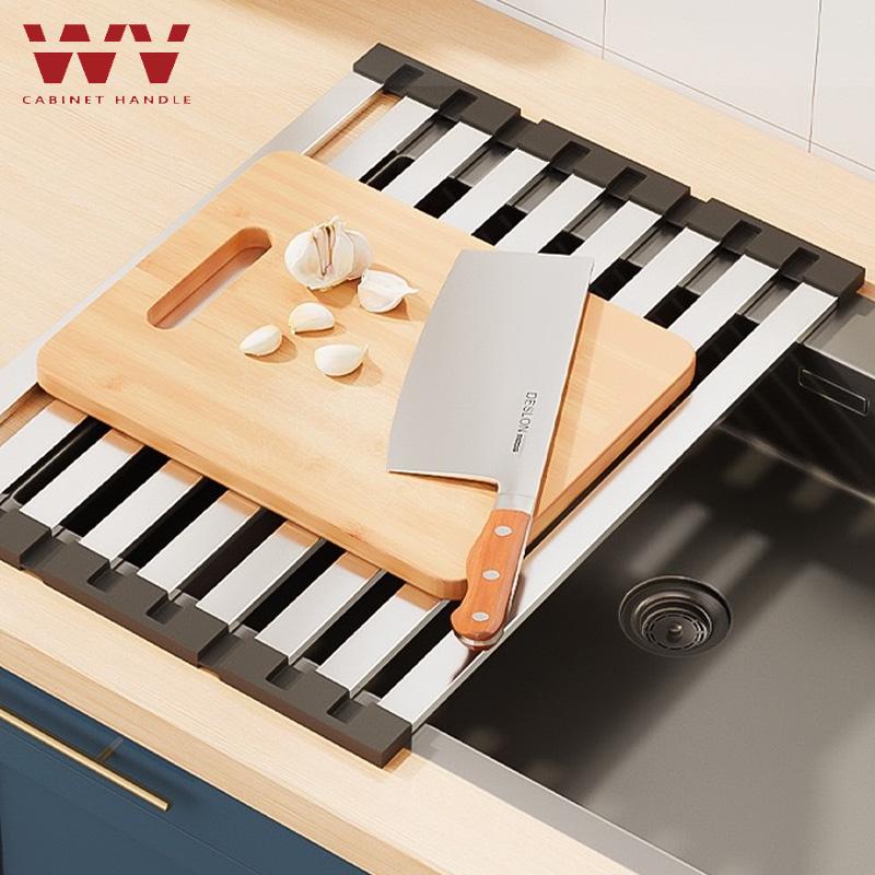 WV 304 Stainless Steel Kitchen Sink Drain Rack Sink Bowl Dish Storage Rack Foldable,Anti-scald Retractable Drain Basket Shelf
