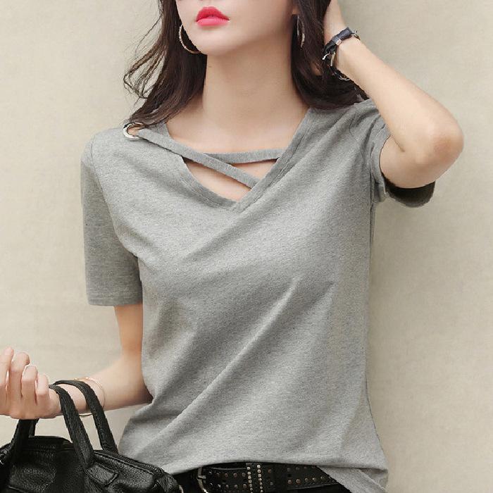Korean Style V-Neck Black Loose Casual Summer T-Shirt for Women
