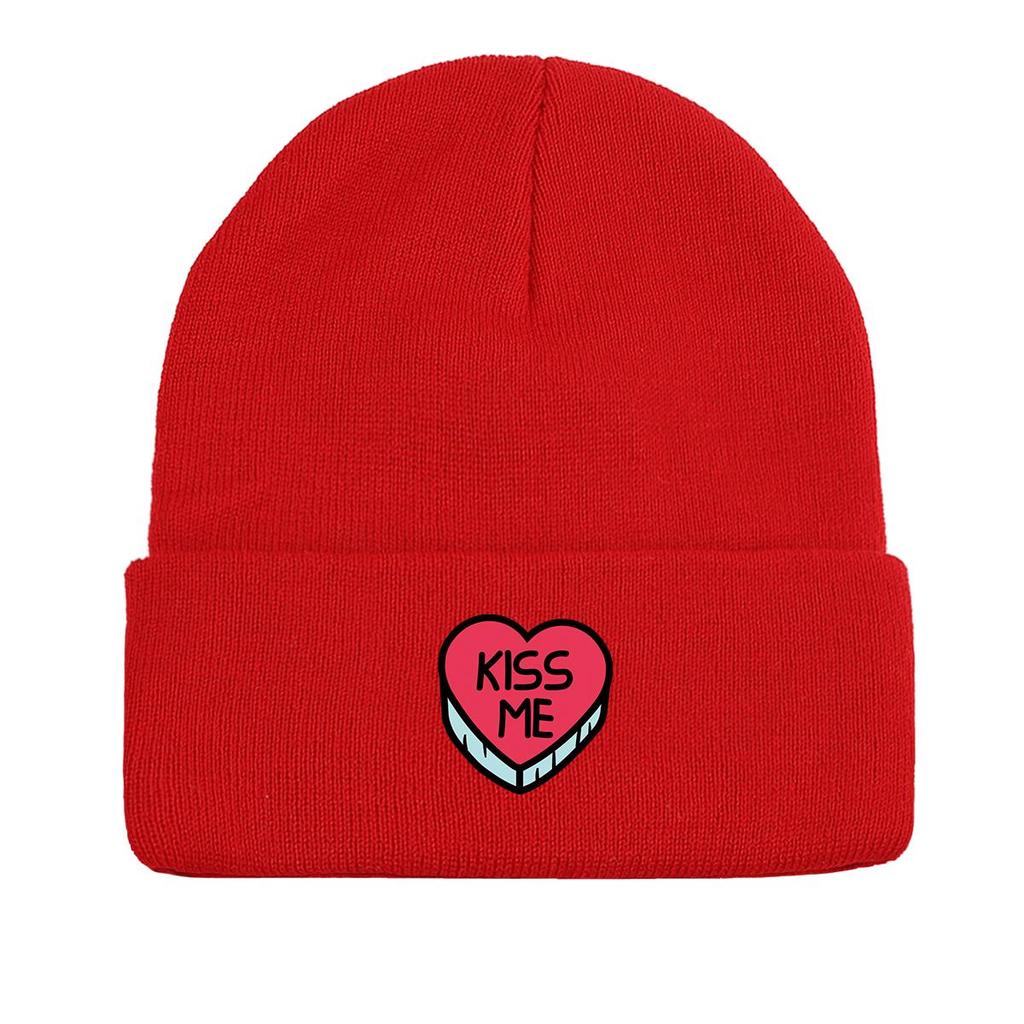KISS ME" Heart Print Knit Cap Beanie, Valentine's Day Man Cap Soft Stretchy Unisex Bonnet Knitted Hat Beanie