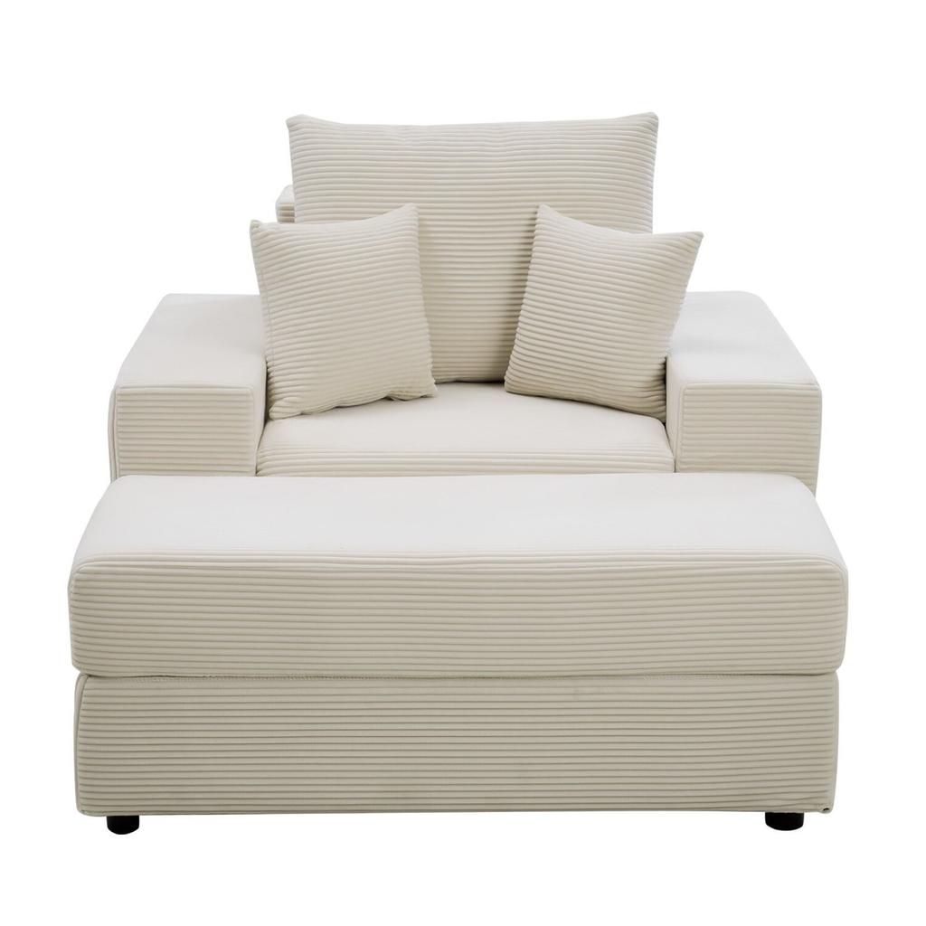 Chaise Lounge Chair, 1115 mm Boneless Modular Chaise Lounge Indoor, Oversized Corduroy Reading Chair with Throw Pillows & Armrests, Deep Seat Sofa
