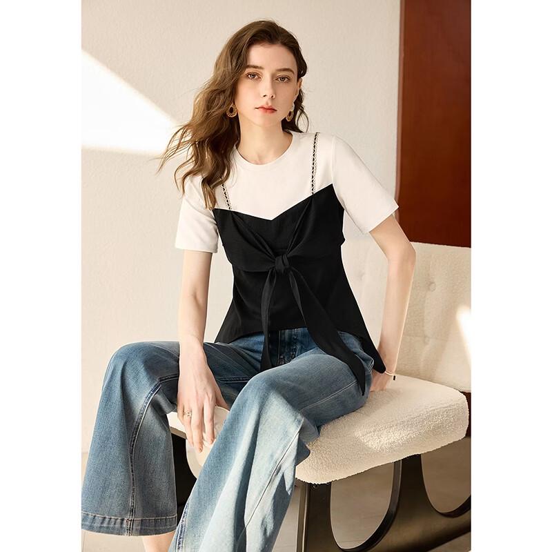 Women's French Style Faux Two-Piece Color Block Short Sleeve T-Shirt