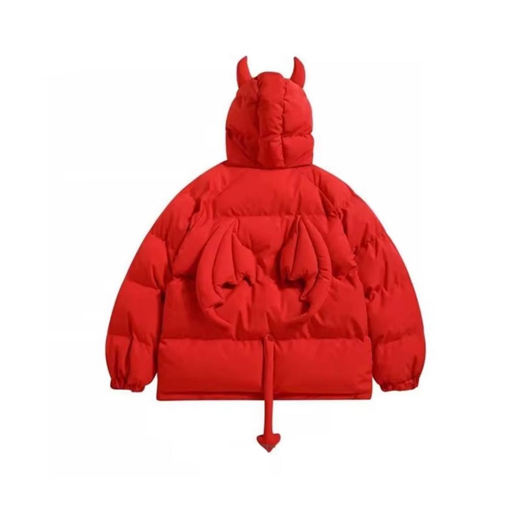 BeatStreet Women Black Gothic Thicken Parkas Jacket Hip Hop Devil Horns Wing Couple Hooded Padded Jacket Streetwear Emo Coat Winter Clothes