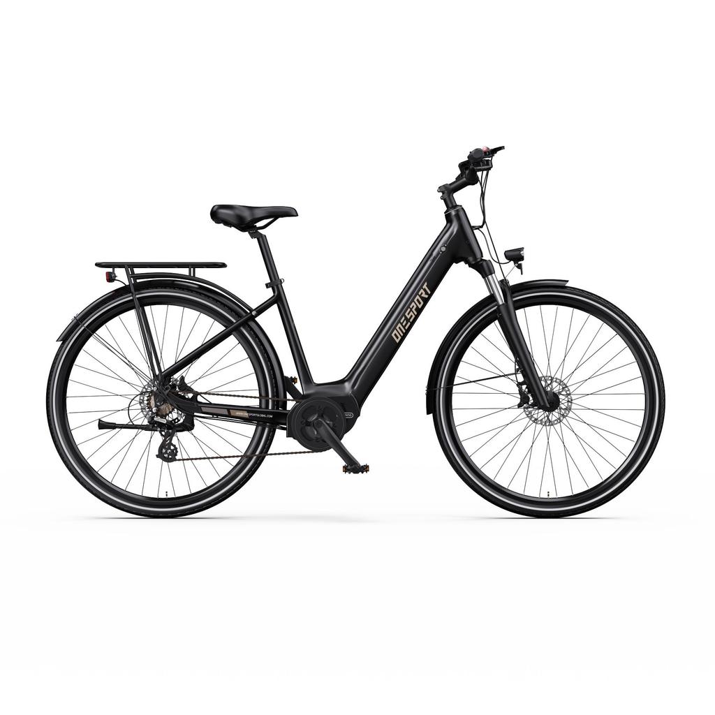 ONESPORT OT07 Matte Black Electric Bike, Bafang Mid-Drive 250W, 110KM Range, Torque Sensor, Hydraulic Brakes, Lightweight Commuter E-Bike