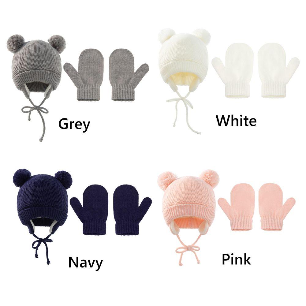1-4 Years Fleece Lined Winter Earflap Beanie Hat Kids Hat Gloves Set Pom Pom Hat Mittens