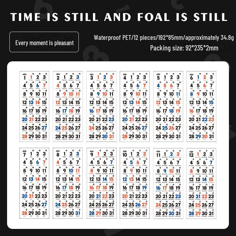 Yuezhen 365-Tage Kalenderaufkleber: Tägliche Selbstklebende Notizbuch-Deko, 12-teiliges Set