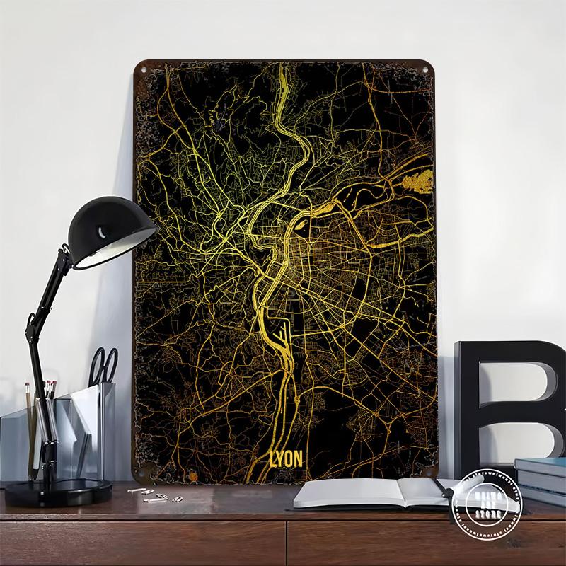 Lyon Gold Map Metal Poster Customized Wall Art Retro Vintage Tinplate Signs for Man Cave Bar Accessories Home Decorations House