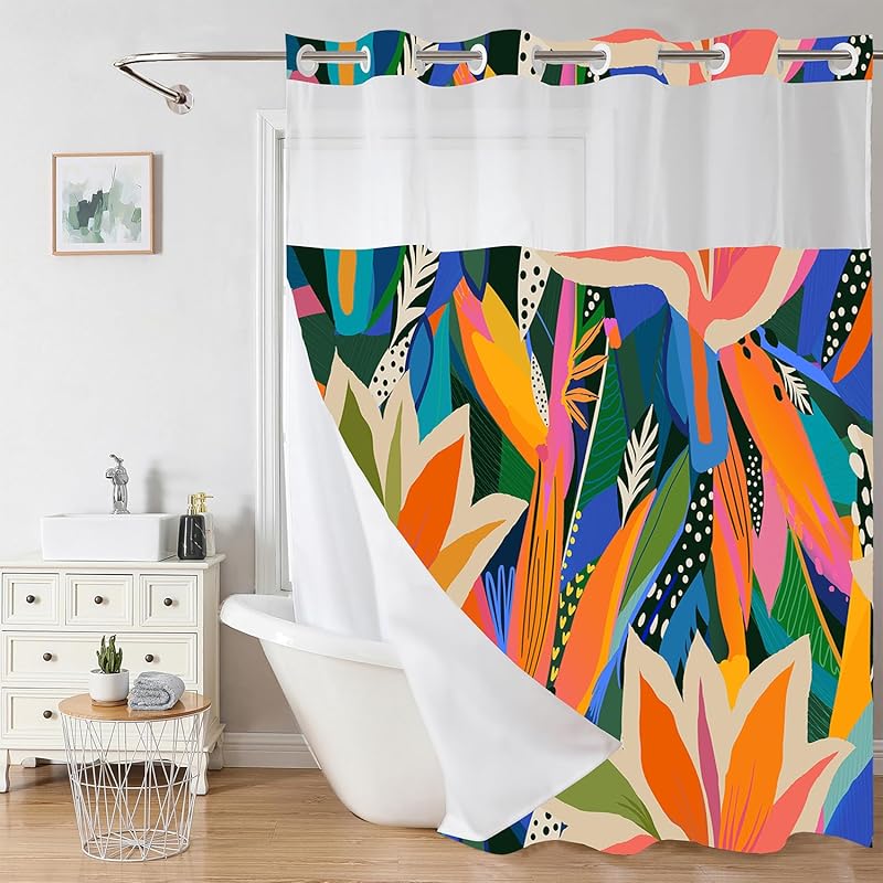 No Hook Pink Bow Shower Curtain and Liner Set Cute Shower Curtain with Snap in Liner Fabric Bathroom Curtain with Liner Set Double Layers Waterproof