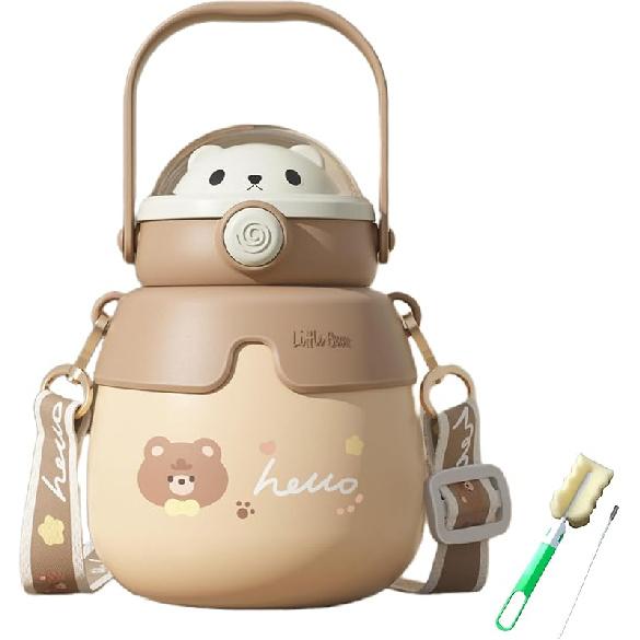 Cute Cup Cartoon Bear and Rabbit Thermos Cup with Straw Office Coffee Tumbler Portable Insulated Stainless Steel Mug Travel Bottle Comes with straw
