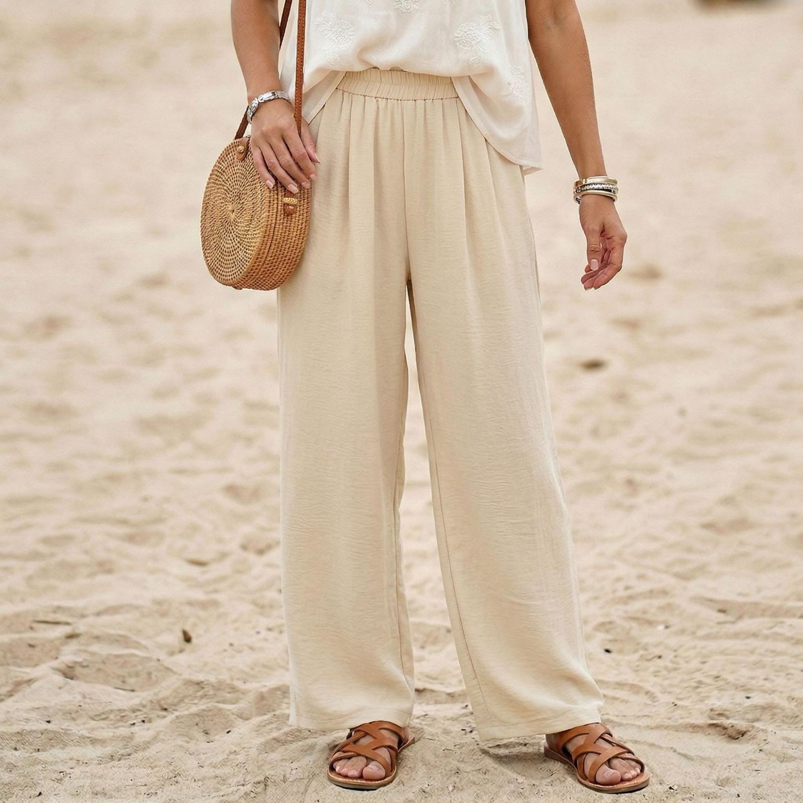

Women s Fashion Elastic Fit Color Casual Loose Pocket Straight Leg Pants L бежевый