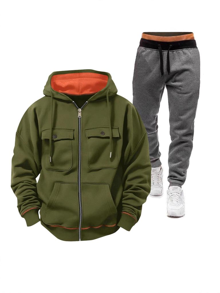 Men's European Size Hooded Sweatshirt Set: Zip-Up Fleece-Lined Jacket with Double Pockets for Sports and Casual Wear.