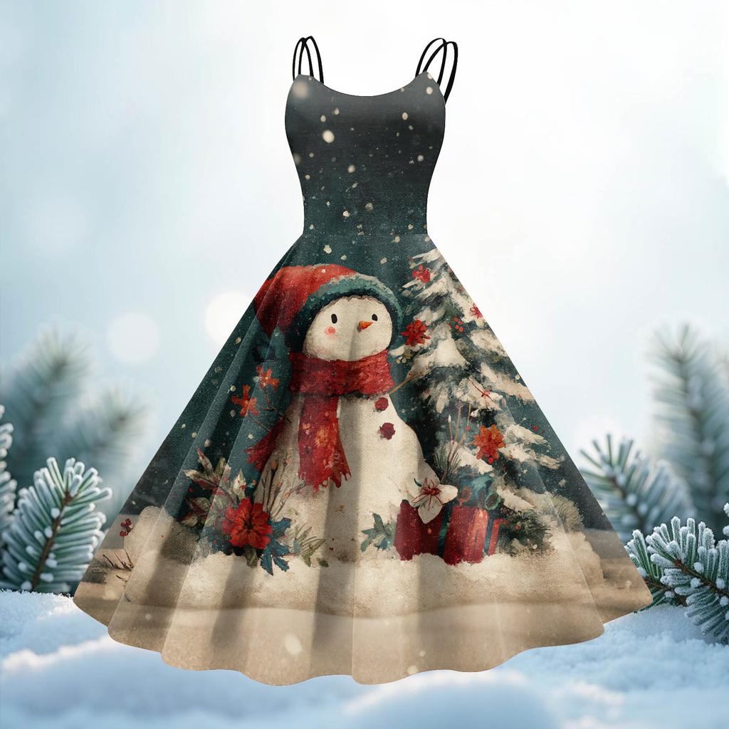 Women's Christmas Print Casual Fashion Round Neck Mid-Length Dress