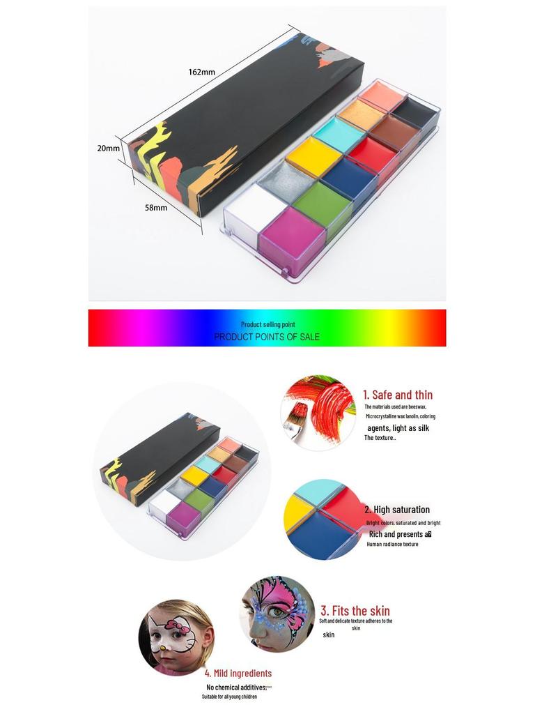 12-Color Theatrical Oil Paints for Body Makeup and Halloween, Opera, and World Cup Face Painting