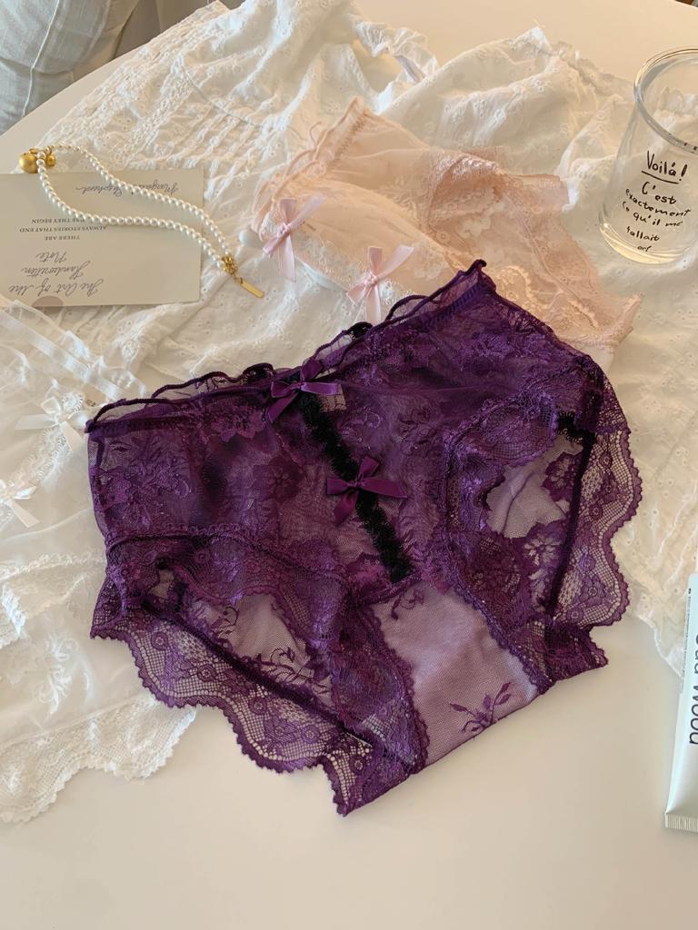 Ladies Summer Sexy Lace Bow Soft Pure Net Yarn Pure Cotton File High Waist Briefs