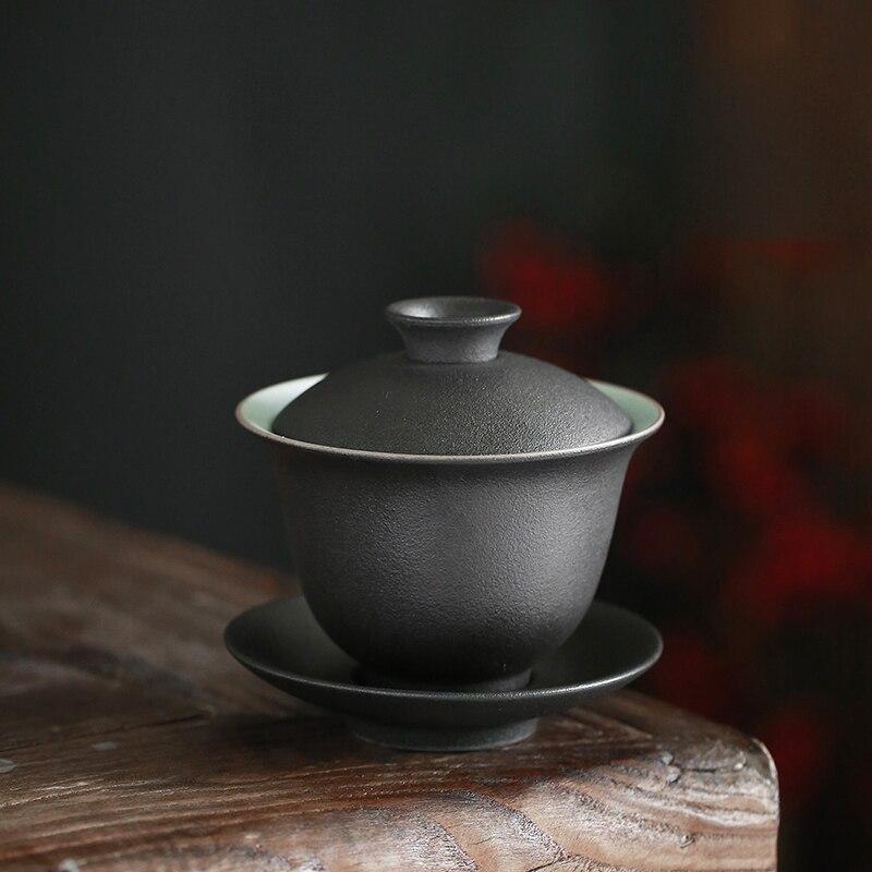 150ml Ceramic Lid Bowl Black Clay Tea Bowl Creative Handheld Lid Bowl