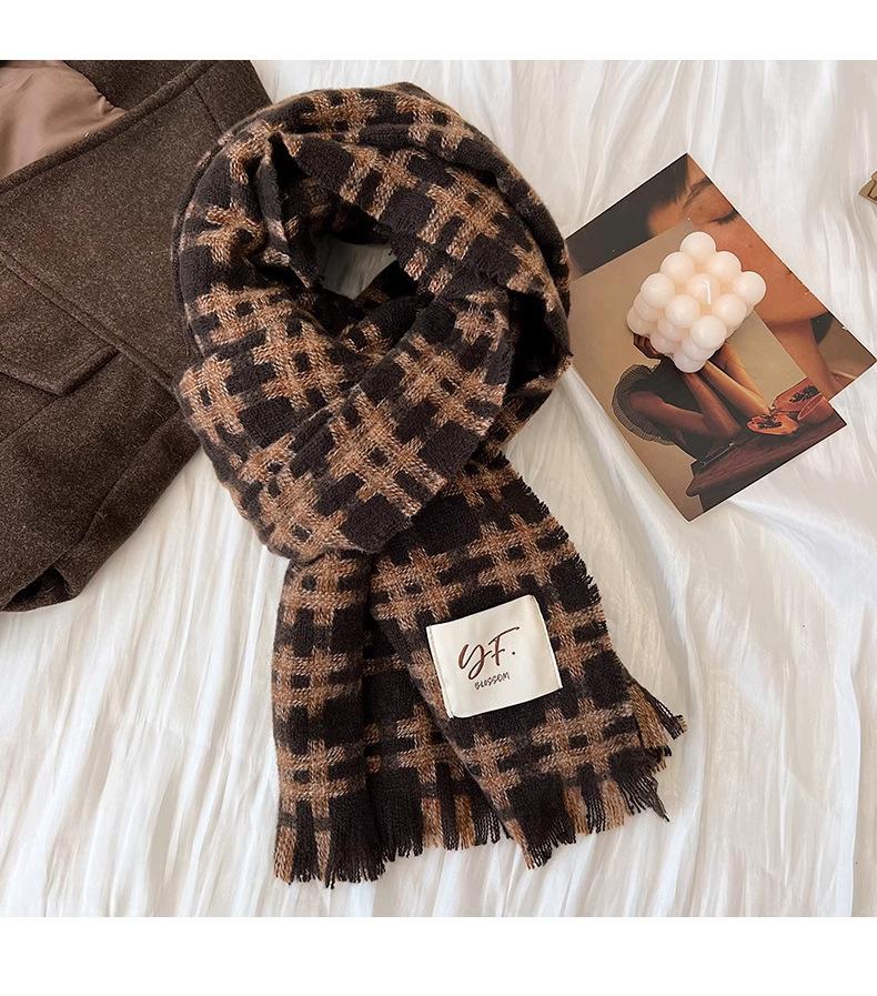 Autumn and Winter New Maillard Color Imitation Cashmere Color Plaid Scarf Women's Winter High-end Sense Versatile Shawl Warm Scarf