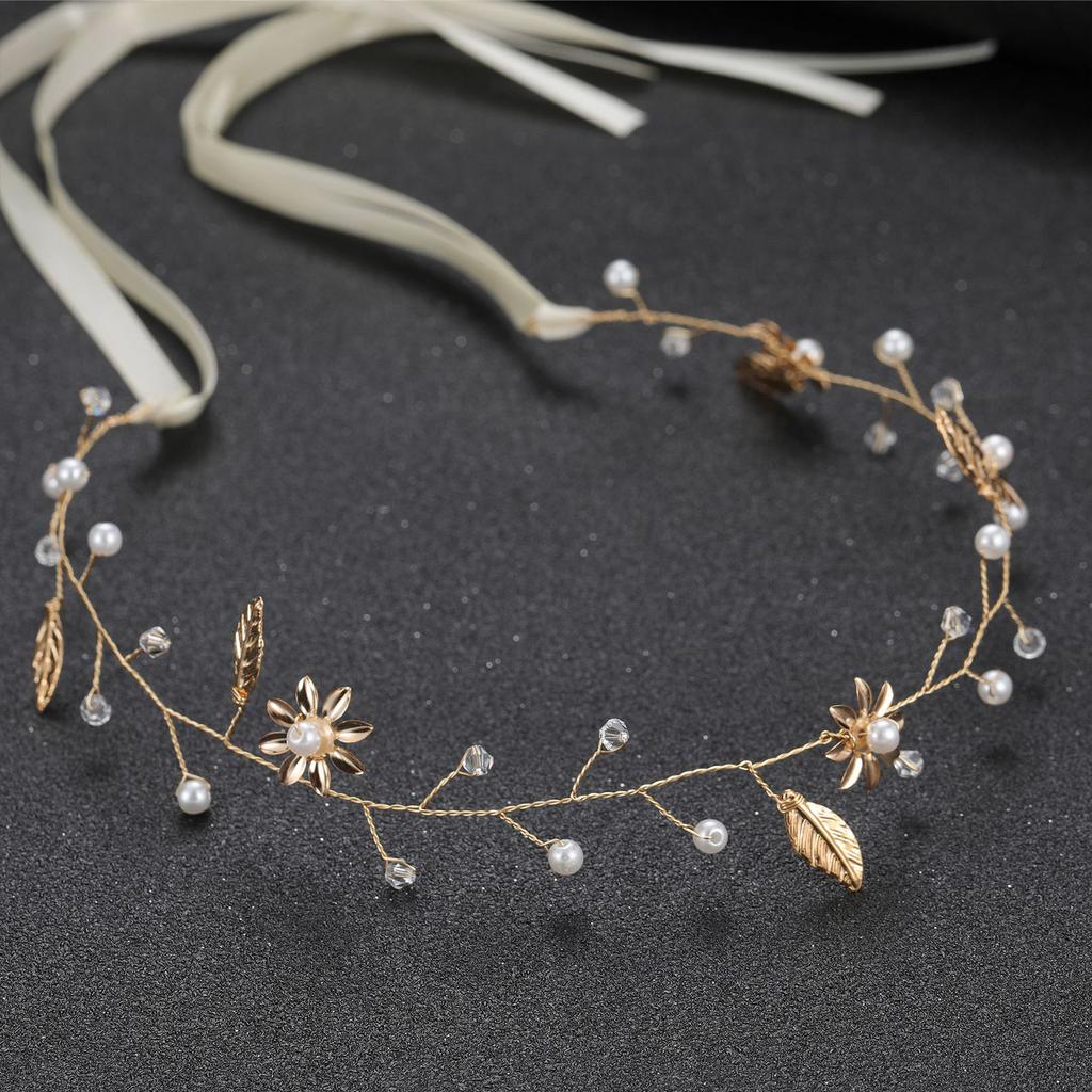 Gold Flower & Leaf Hair Band Alloy Floral Bridal Hair Accessories for Bridesmaid Wedding Party Balls