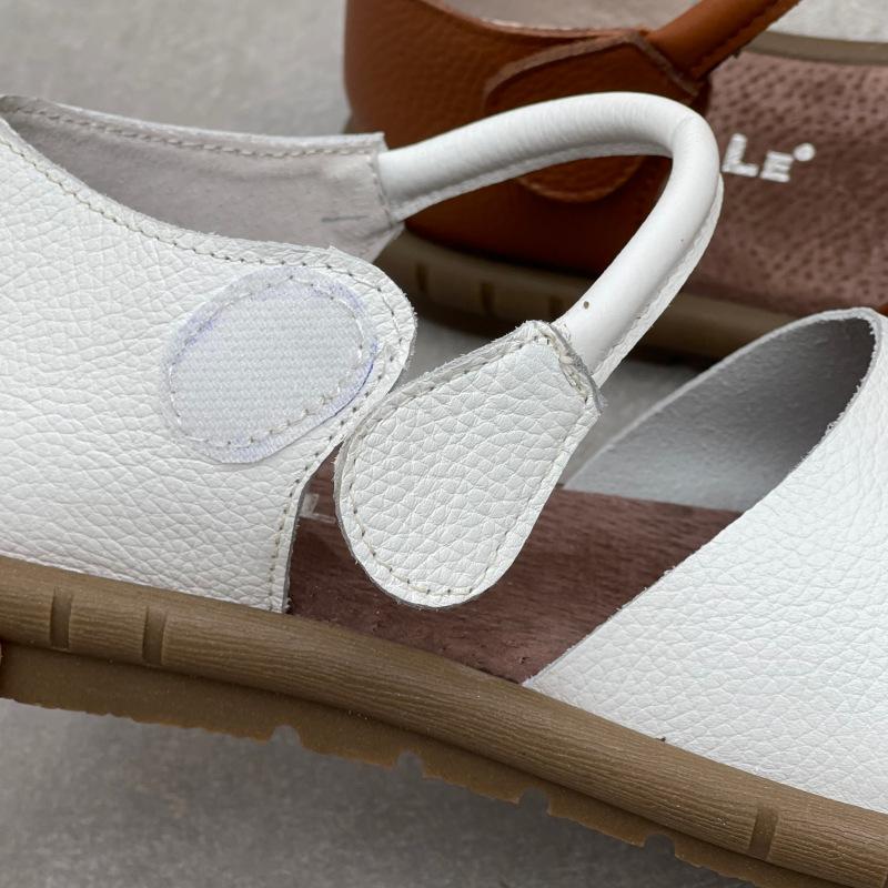 Johnature Sandálias rasteiras retrô artesanais de couro genuíno, casuais, versáteis, confortáveis, sola macia, sapatos femininos