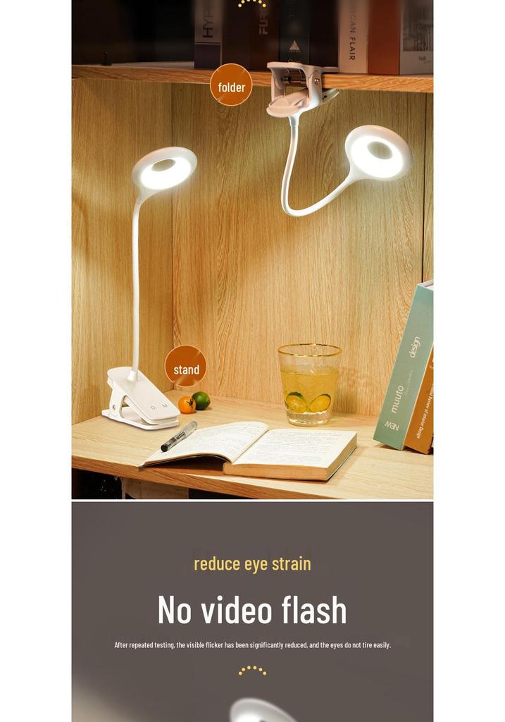 Clip-on Desk Lamp with Long Battery Life, Eye Protection, Dual Charging Options, and Bedside Use